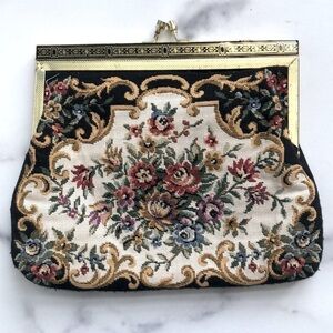 Vintage Tapestry Needlepoint Floral Clutch Handbag